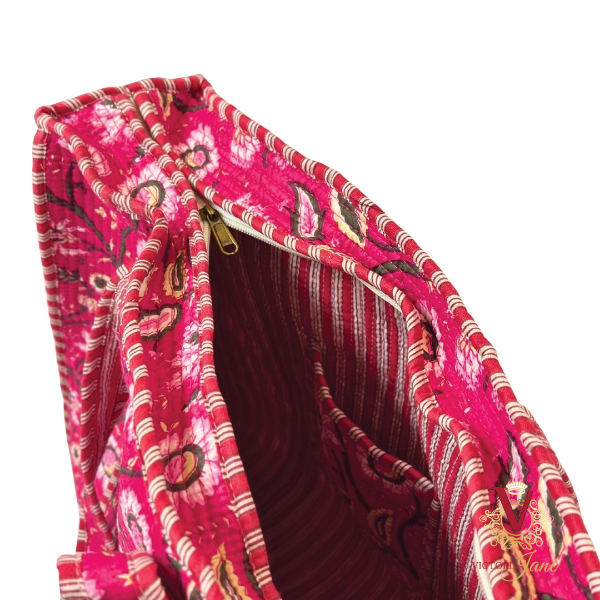 Cerise Floral Zipped Designer Carry All Tote Bag open