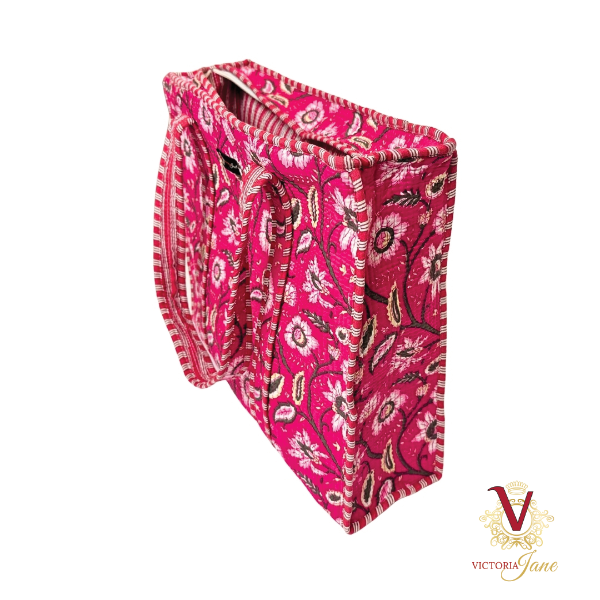Cerise Floral Zipped Designer Carry All Tote Bag side