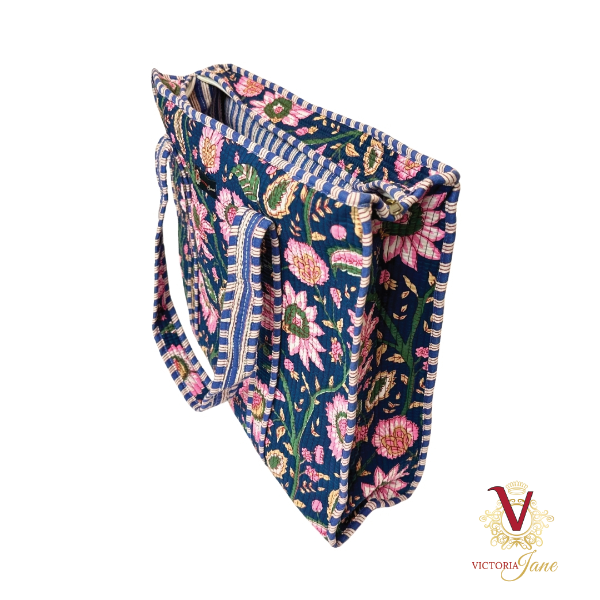 Navy Floral Zipped Designer Carry All Tote Bag side