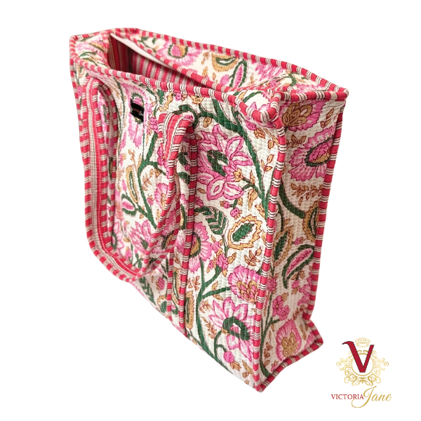 White Floral Zipped Designer Carry All Tote Bag side